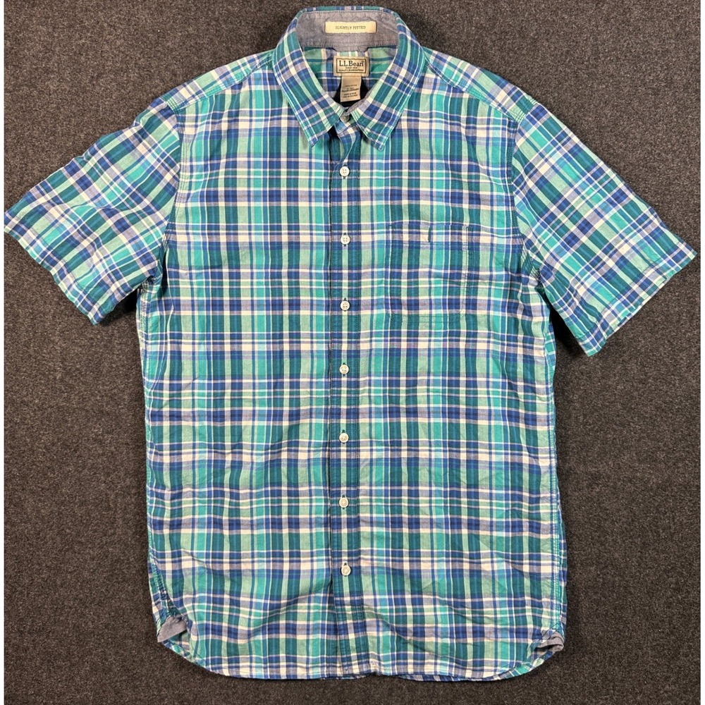 LL Bean Mens Medium Tall Slightly Fitted Plaid Short Sleeve Button Down Shirt